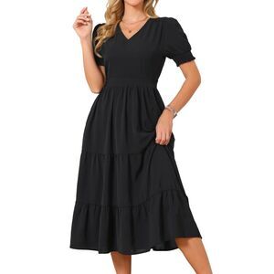Women's Summer Dress Casual Short Sleeve A-Line Smocked Tiered Dress Black